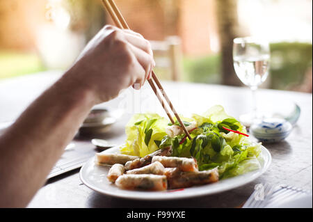 Asian vietnamese food - fresh spring rolls with basil salad and carrot Stock Photo
