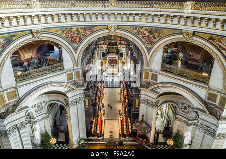 The quire, sanctuary and altar at St Paul's, London, as seen from high up inside the dome of the cathedral. Stock Photo