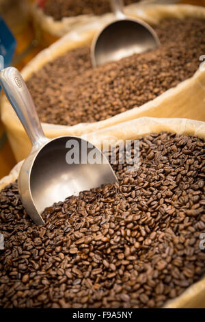 Barrels of coffee beans with scoop Stock Photo