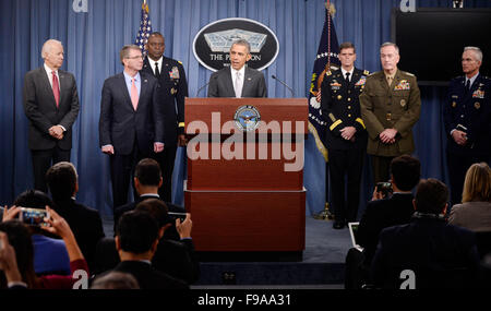 United States President Barack Obama delivers a statement on the counter-ISIL campaign in the Pentagon briefing room December 14, 2015 in Arlington, Virginia. President Obama met previously with a National Security Council on the counter-ISIL campaign. Pictured from left, US Vice President Joe Biden, US Secretary of Defense Ash Carter, Commander of US Central Command General Lloyd Austin, Commander of US Special Operations Command General Joseph Votel, Chairman of the Joint Chiefs of Staff General Joseph Dunford, and Joint Chiefs Vice Chairman General Paul Selva. Credit: Olivier Douliery/Poo Stock Photo