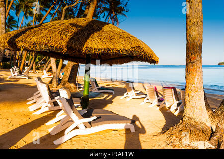 Palm trees, sandy beaches and clear water on the island of Fiji in the South Pacific. Stock Photo