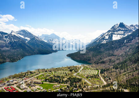 aerial view of the camping ground and Waterton Lake  in Waterton Lakes National Park, Alberta, Canada Stock Photo