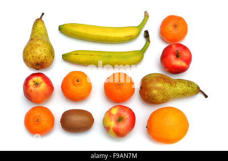 Various fruits, tangerine, apple, pear, banana, kiwi, orange Stock Photo