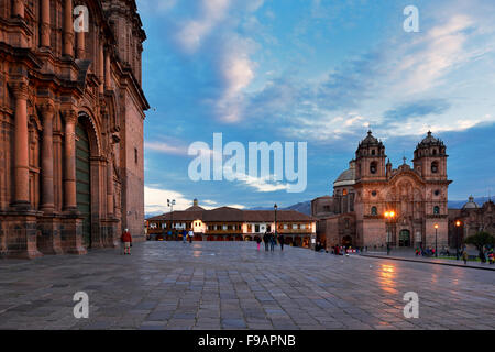 Iglesia La Compania de Jesus, Cathedral on the left, Plaza de Armas, Cusco Province, Cusco Province, Peru Stock Photo