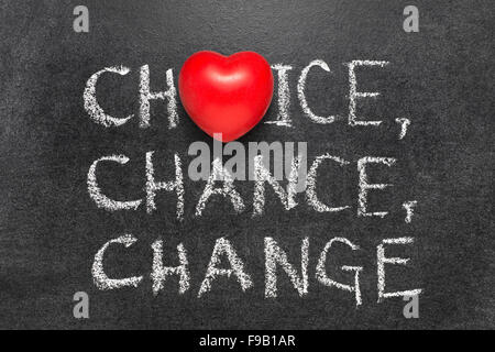 choice, chance, change words handwritten on blackboard with heart symbol instead O Stock Photo