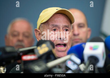 (151215) -- LOS ANGELES, Dec. 15, 2015 (Xinhua) -- Schools Superintendent Ramon Cortines speaks to the media, in Los Angeles, the United States, on Dec. 15, 2015. All Los Angeles Unified School District (LAUSD) schools will stay closed today in response to a reported bomb threat, Schools Superintendent Ramon Cortines said. Police said the threat was called in to a School Board member. The threat is involving backpacks and packages left at campuses. The closures applied to all LAUSD campuses, around 900 of them. Los Angeles Unified School District is the second-largest school district in United Stock Photo