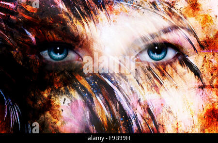 beautiful blue women eyes beaming, color feathers effect, painting collage, phoenix makeup Stock Photo