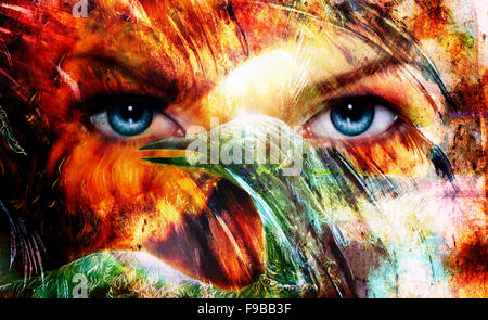 beautiful blue women eyes beaming, color feathers effect, painting collage, and bird phoenix, artist makeup Stock Photo