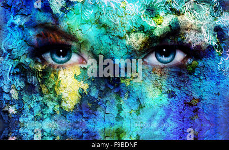 beautiful blue women eyes beaming, color desert crackle effect, painting collage, artist makeup Stock Photo