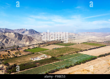 Aerial view of farms and desert around Nazca, Peru Stock Photo