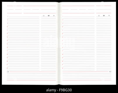 Blank notebook double-page spread on a black background Stock Photo