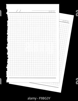 White notebook paper sheets torn from notebook isolated on black background Stock Photo