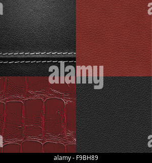 Leather texture close-up set. Two black and two dark red textures. Stock Photo