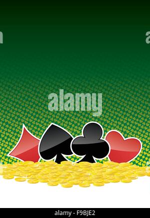 Winning background with four symbols of the suit and golden coins. Adobe Illustrator EPS8 file. Stock Vector