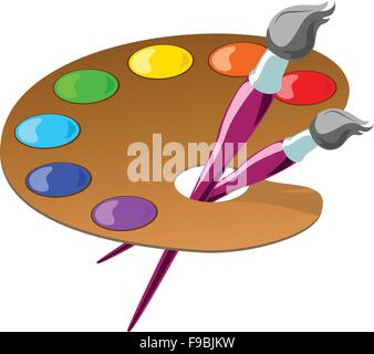 Vector color illustration of paintbrushes and a palette with basic colors. Stock Vector