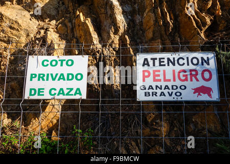 Signs to watch out for fighting bulls and private hunting area. Spain. Stock Photo