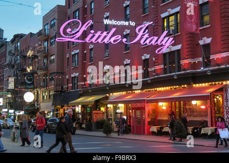 Welcome to Little Italy sign at night on Mulberry Street in Lower Stock