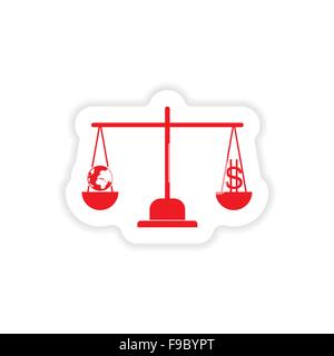 stylish sticker on paper globe and money on scales Stock Vector