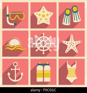 Flat with shadow concept and mobile application sea icons Stock Vector