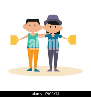 Flat with shadow icon and mobile application friends beer Stock Vector