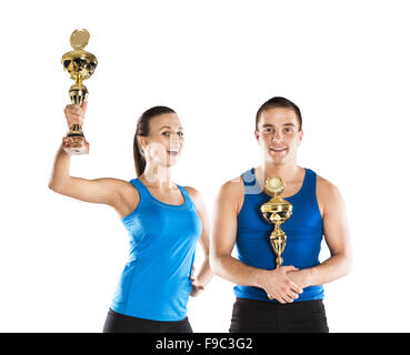 Athletic man and woman after fitness exercise Stock Photo