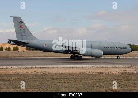 A Turkish Air Force KC-135R tanker landing during NATO's Exercise Trident Juncture, Albacete, Spain. Stock Photo