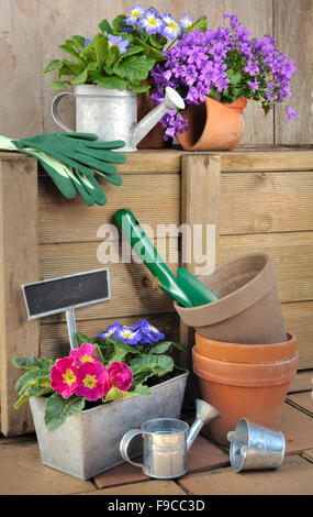 accessories and tool for garden with spring flowers in pot Stock Photo