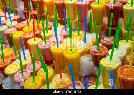 Fruit smoothies at the Boqueria market in Barcelona Stock Photo