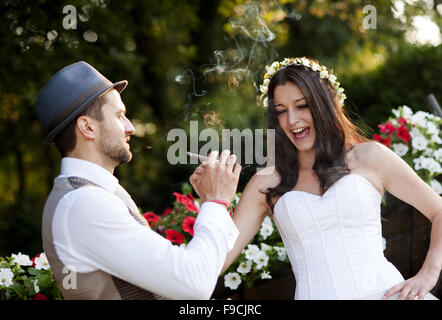 Beautiful bride and groom portrait in nature Stock Photo