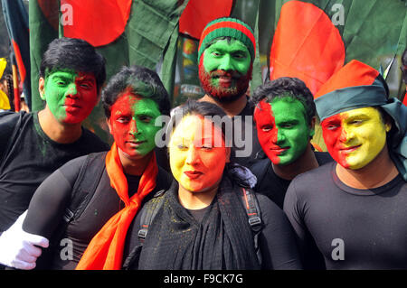 Dhaka, Bangladesh. 16th Dec, 2015. Bangladeshi people with their faces painted take part in the celebration of Victory Day in Dhaka, Bangladesh, Dec. 16, 2015. Bangladesh celebrated its 44th Victory Day on Wednesday. Credit:  Shariful Islam/Xinhua/Alamy Live News Stock Photo