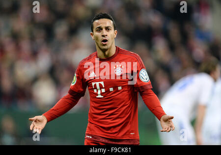 Munich, Germany. 15th Dec, 2015. Thiago from Munich gestures during the DFB Cup round of 16 soccer match between FC Bayern Munich and Darmstadt 98 in the Allianz Arena in Munich, Germany, 15 December 2015. Photo: ANDREAS GEBERT/dpa/Alamy Live News Stock Photo