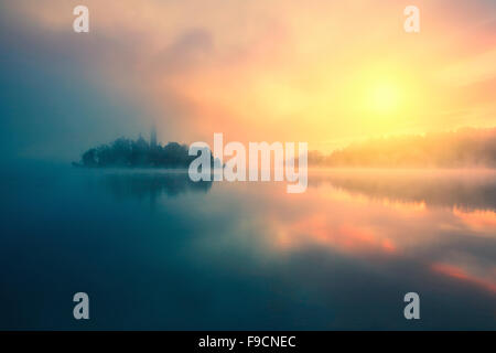 Misty morning in lake Bled-Slovenia Stock Photo