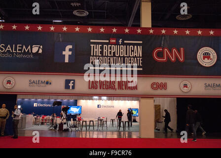 Las Vegas, Nevada, USA. 15th Dec, 2015. Ten Republican candidates took the stage tonight at the Veneital Hotel in Las Vegas, NV. This group debate broadcast by CNN. They aired their views on the United States policy in fighting terrorism, and their take on letting Syrian refugies immigrate to the United States. The press gathered in the Spin Room at the Venetian Hotel where they vyed for the attention of the candidates. Credit:  Karen I. Hirsch/ZUMA Wire/Alamy Live News Stock Photo