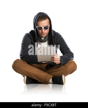 Dangerous man in mask with tablet on isolated background Stock Photo