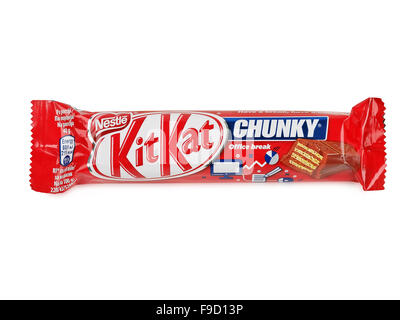 Kit Kat Chunky isolated on white. Kit Kat bars are produced by Nestle. Stock Photo