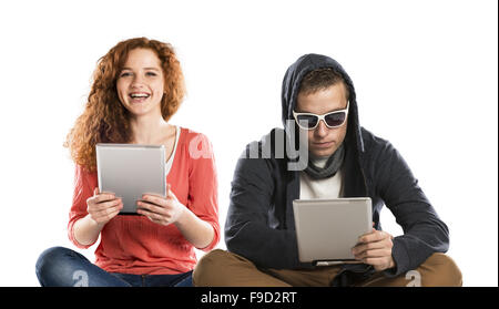 Concept of potentional internet danger with teen girl amd man in disguise Stock Photo