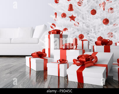 White Christmas tree, red baubles,gifts in a living room, interior 3d rendering Stock Photo