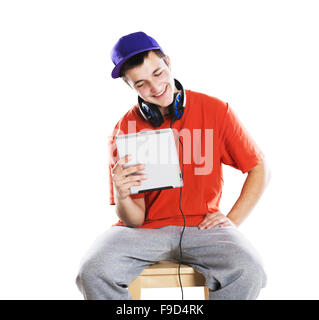 Man with pc tablet is isolated on white background Stock Photo