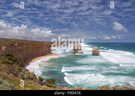 Two of the Twelve Apostles rocks on  Great Ocean Road, Australia at high tide with big waves Stock Photo