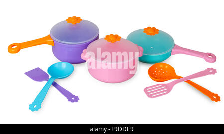 Set of pans with kitchen utensils isolated on white background Stock Photo