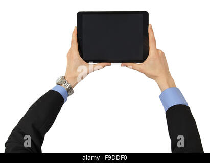 The tablet in male hands isolated on white background Stock Photo