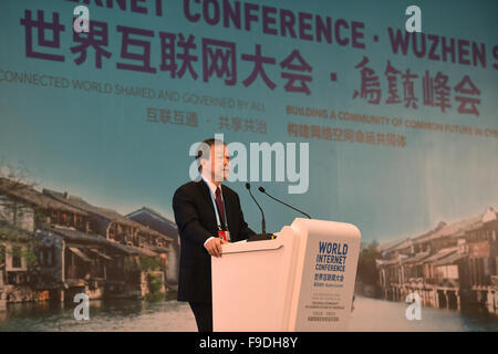 (151216) -- TONGXIANG, Dec. 16, 2015 (Xinhua) -- Guo Qingping, deputy governor of the People's Bank of China, delivers a speech during a forum on the 'Internet Plus' strategy of 2015 World Internet Conference in Wuzhen, east China's Zhejiang Province, Dec. 16, 2015.  (Xinhua/Huang Zongzhi)(mcg) Stock Photo