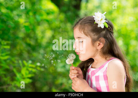 Cute little girl is blowing to dandelion in the green park Stock Photo