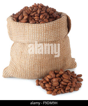 Coffee beans in burlap bag and heap isolated on white background Stock Photo