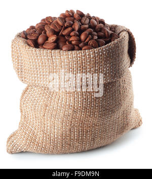 Coffee beans in burlap sack isolated on white background Stock Photo