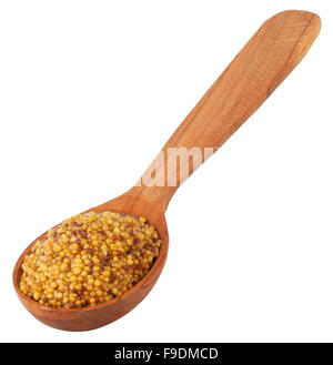 mustard on wooden spoon isolated on white background Stock Photo