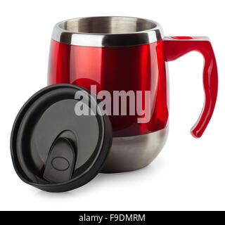 opened thermocup red with a black pen isolated on white background Stock Photo