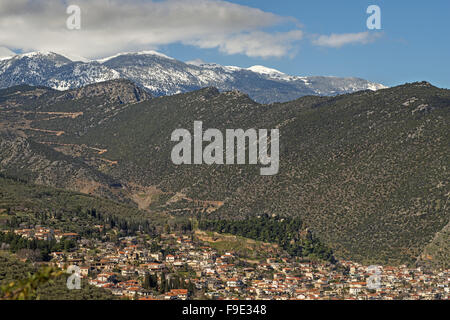 Panoramic view to Amfissa's olive grove and city, the capital of Fokida region, Central Greece Stock Photo