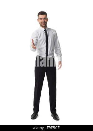 Businessman giving a handshake portrait isolated on white background Stock Photo