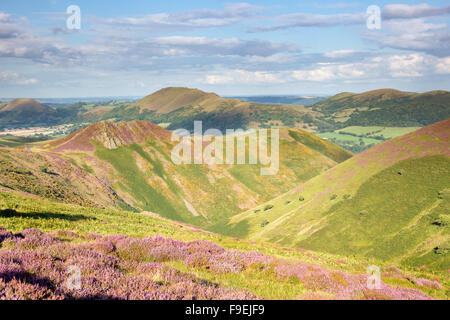 Looking across the Stretton Hills from the Long Mynd and the distant Caradoc Hill, Shropshire, England, UK Stock Photo